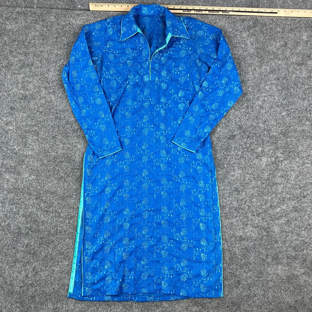 Floral‎ Long Dress Womens Size M Blue Embroidered Maxi Split Side Modest Boho